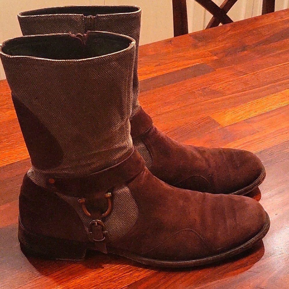Cesare Paciotti Ankle Riding Boot Brown Colorblock Block Heel Side Zip Size 10.5